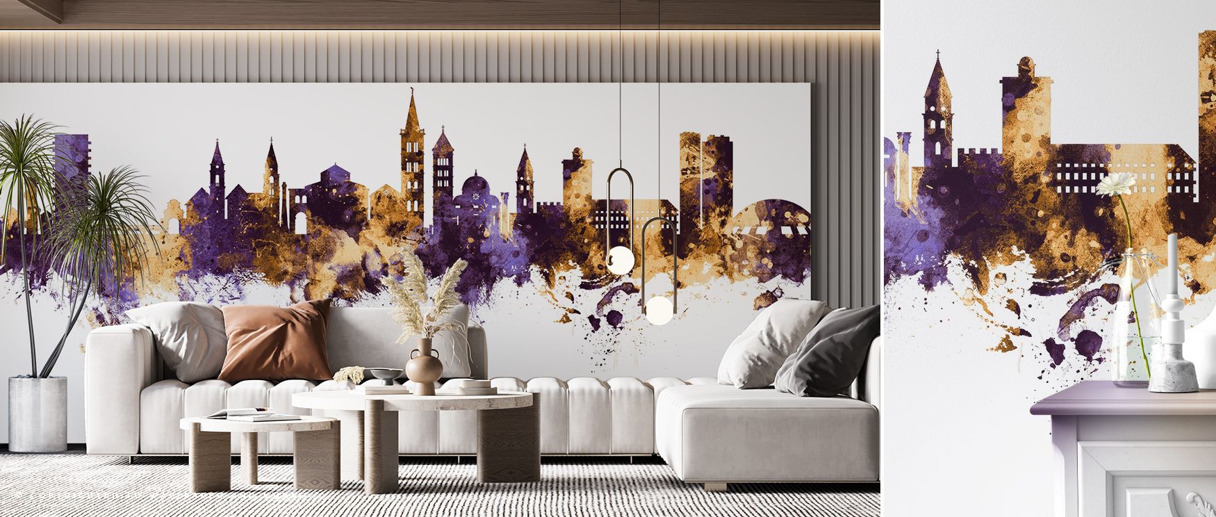 Zadar Croatia Skyline Purple & Gold Wallpaper captures elegance of the city through contrasting tones, enriching bedrooms or living rooms with atmosphere of decorative refinement, cultural artistry, and timeless urban charm. 