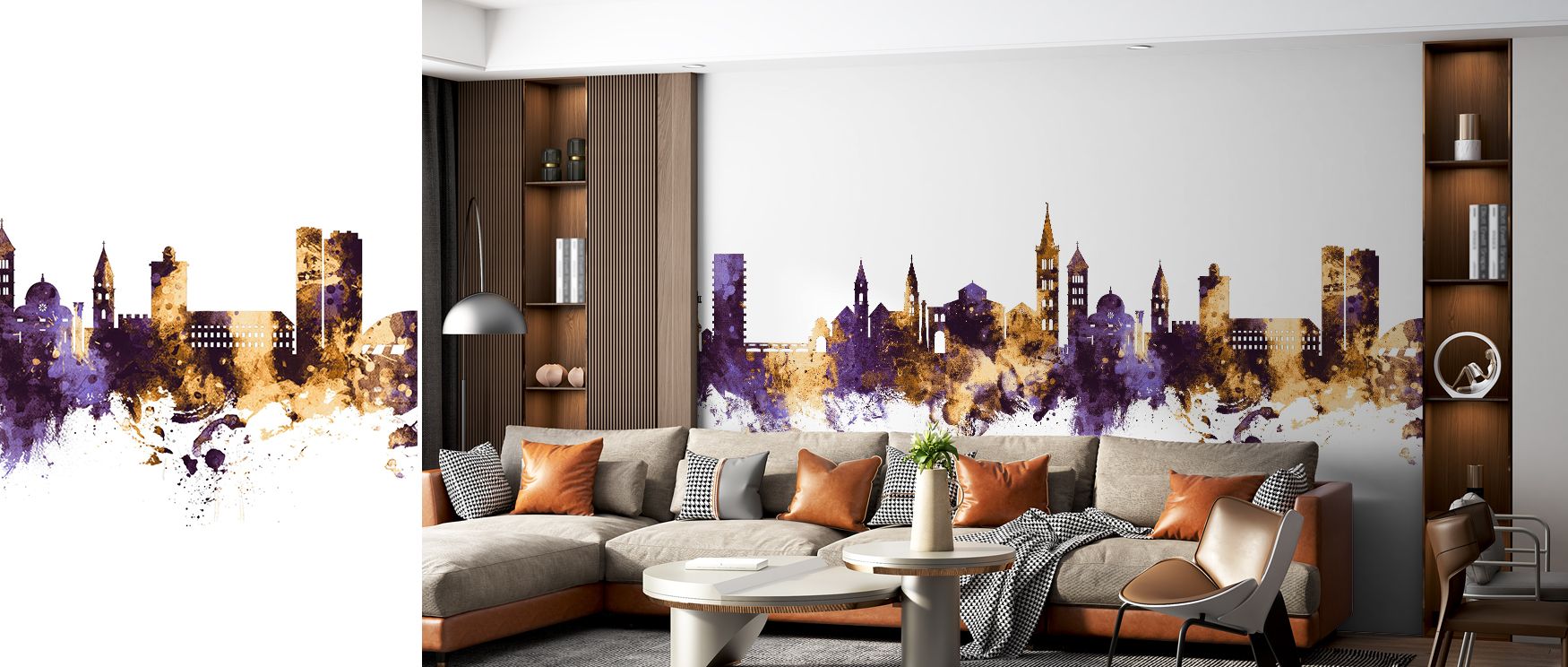 Zadar Croatia Skyline Purple & Gold Wallpaper expresses grandeur with silhouettes painted in purple and gold, producing decorative rhythm that enriches bedrooms or offices with atmosphere of refinement, cultural artistry, and luxury in timeless design. 