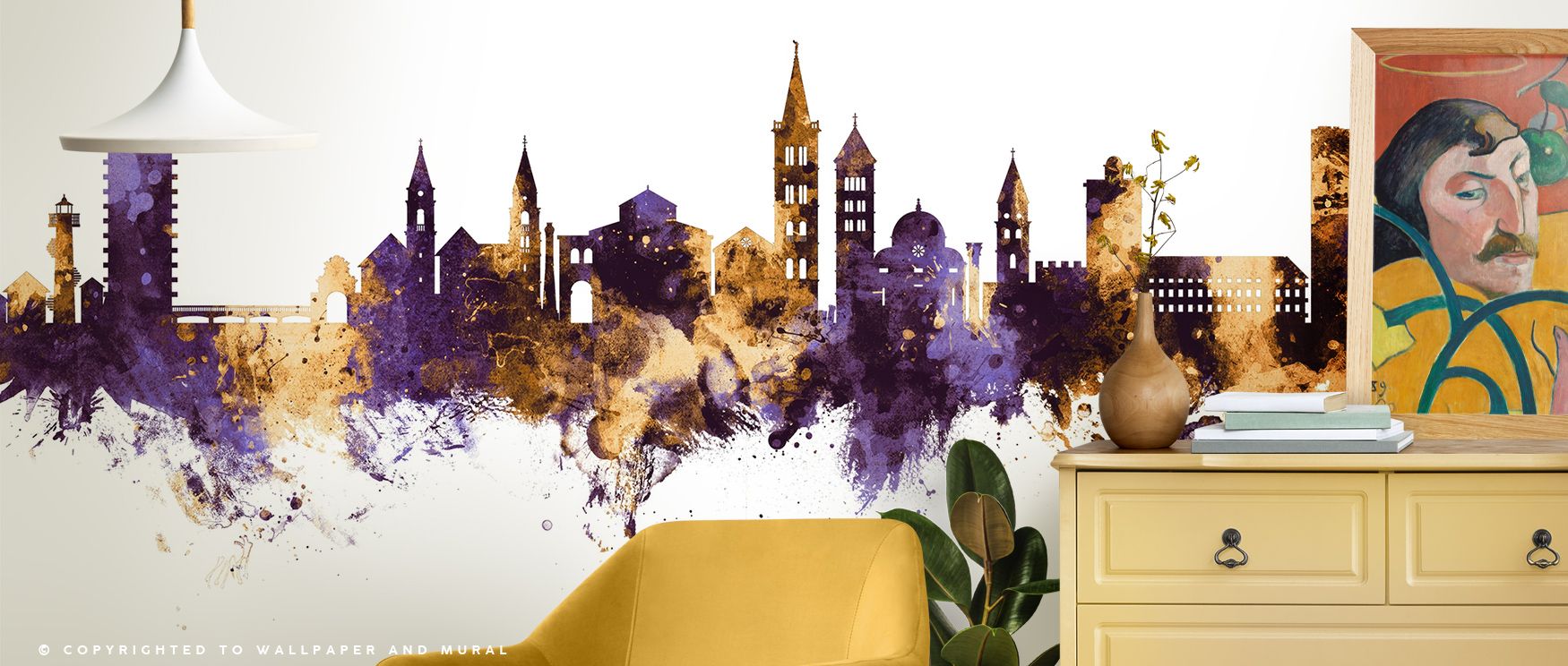 Zadar Croatia Skyline Purple & Gold Wallpaper conveys luxury as silhouettes glow in balanced tones, enriching bedrooms or living rooms with atmosphere of refinement, decorative artistry, and timeless cultural presence. 