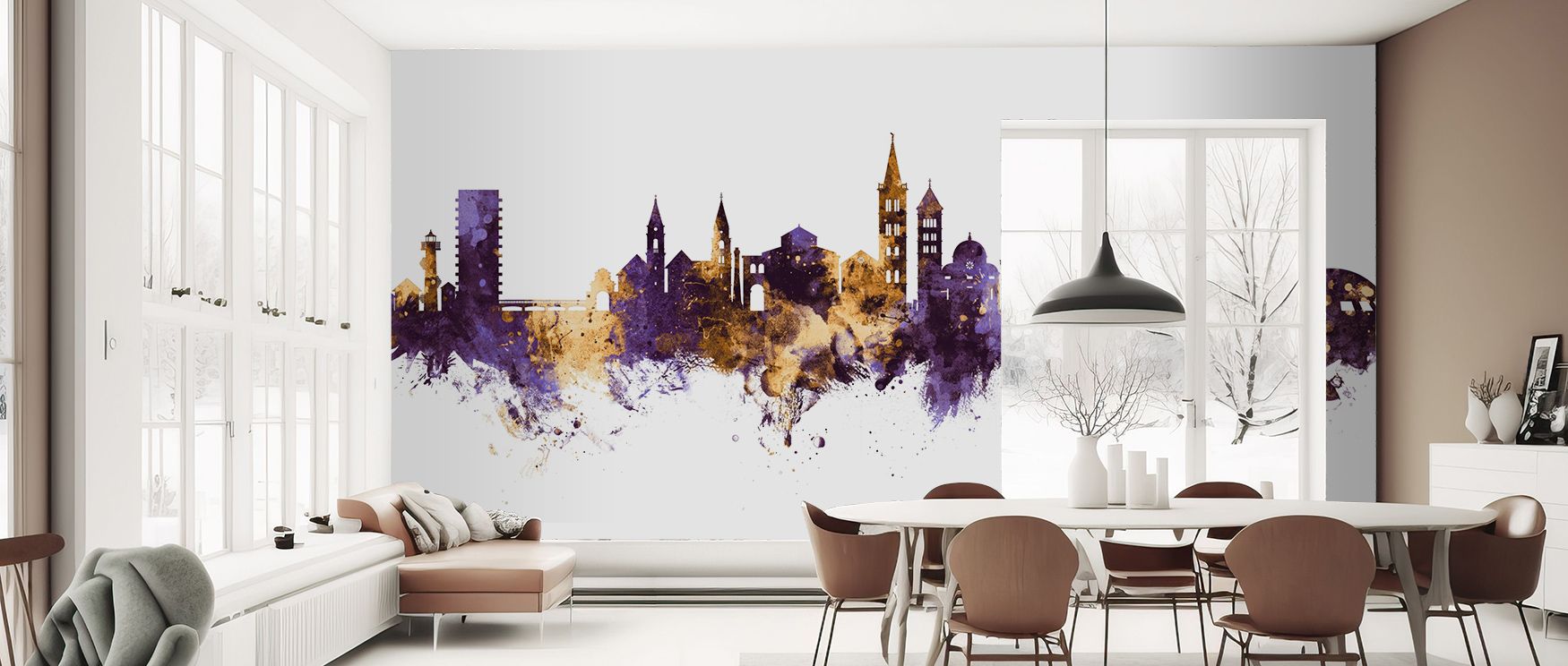 Zadar Croatia Skyline Purple & Gold Wallpaper reflects cultural charm through purple and gold tones, producing imagery that enriches bedrooms or living rooms with atmosphere of decorative artistry, refinement, and timeless elegance.