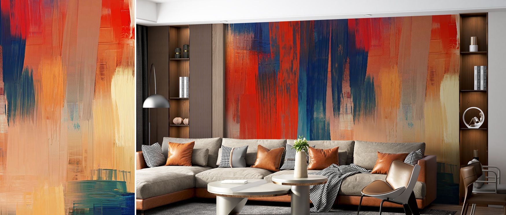 Abstract Study In Red Wallpaper enriches interiors with bold imagery scattered in rhythm, producing atmosphere that enhances bedrooms or living rooms with decorative refinement, artistic charm, and timeless modern elegance. 