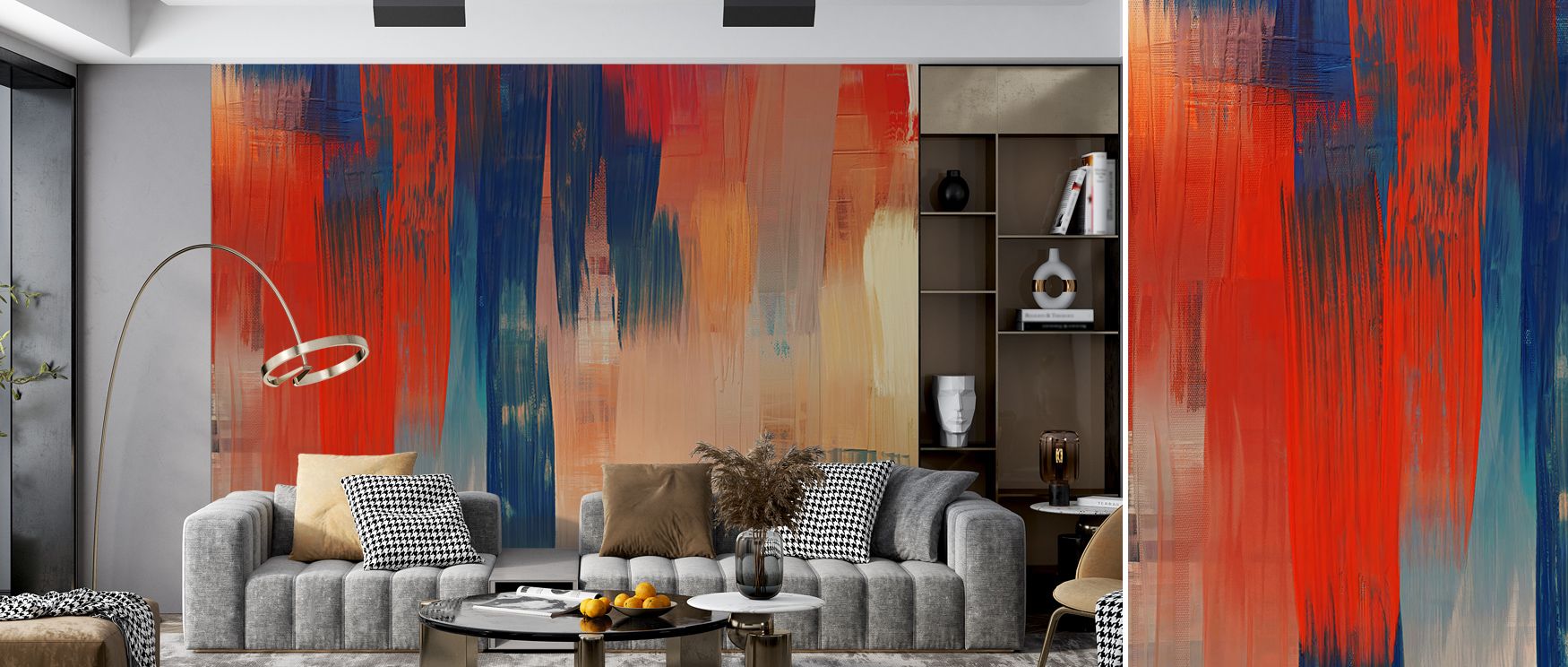 Abstract Study In Red Wallpaper conveys charm of modern artistry in rhythmic red imagery, enriching bedrooms or living rooms with atmosphere of decorative refinement, bold presence, and timeless elegance. 
