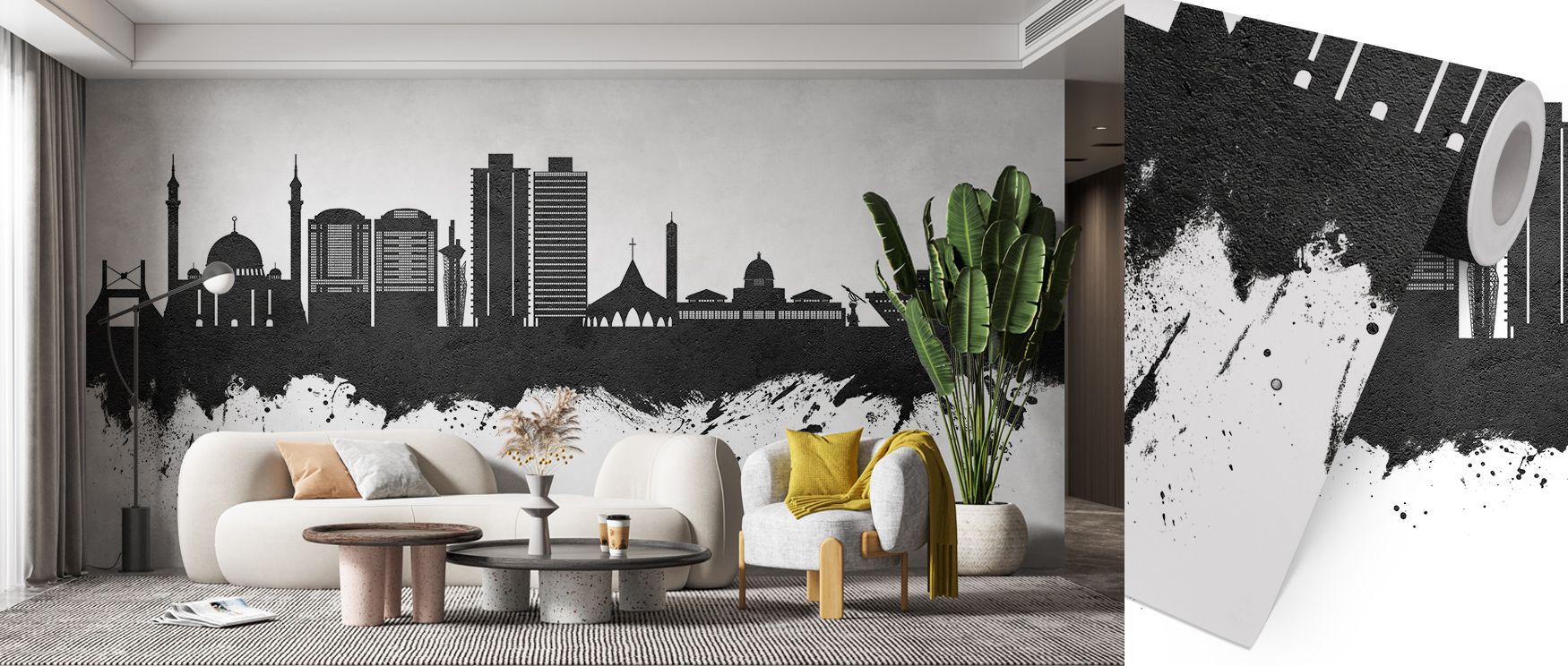 Abuja Nigeria Skyline Black & White Wallpaper reflects cultural refinement through detailed silhouettes, enriching bedrooms or offices with atmosphere of decorative artistry, urban balance, and timeless sophistication, producing calm yet striking interior