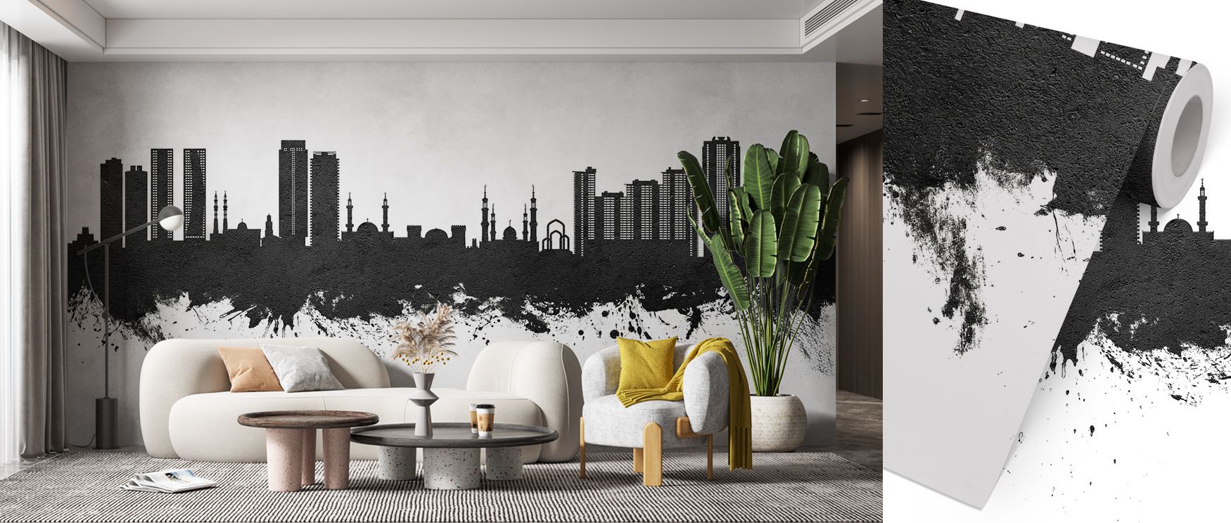 Ajman Skyline Black & White Wallpaper conveys heritage charm as buildings stretch across surfaces in tonal rhythm, enriching bedrooms or living rooms with atmosphere of decorative refinement, cultural artistry, and timeless urban elegance. 