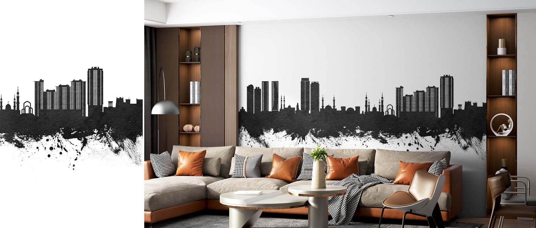 Ajman Skyline Black & White Wallpaper enriches interiors with city rhythm painted in contrast, producing atmosphere that enhances bedrooms or living rooms with decorative refinement, cultural artistry, and timeless urban charm. 