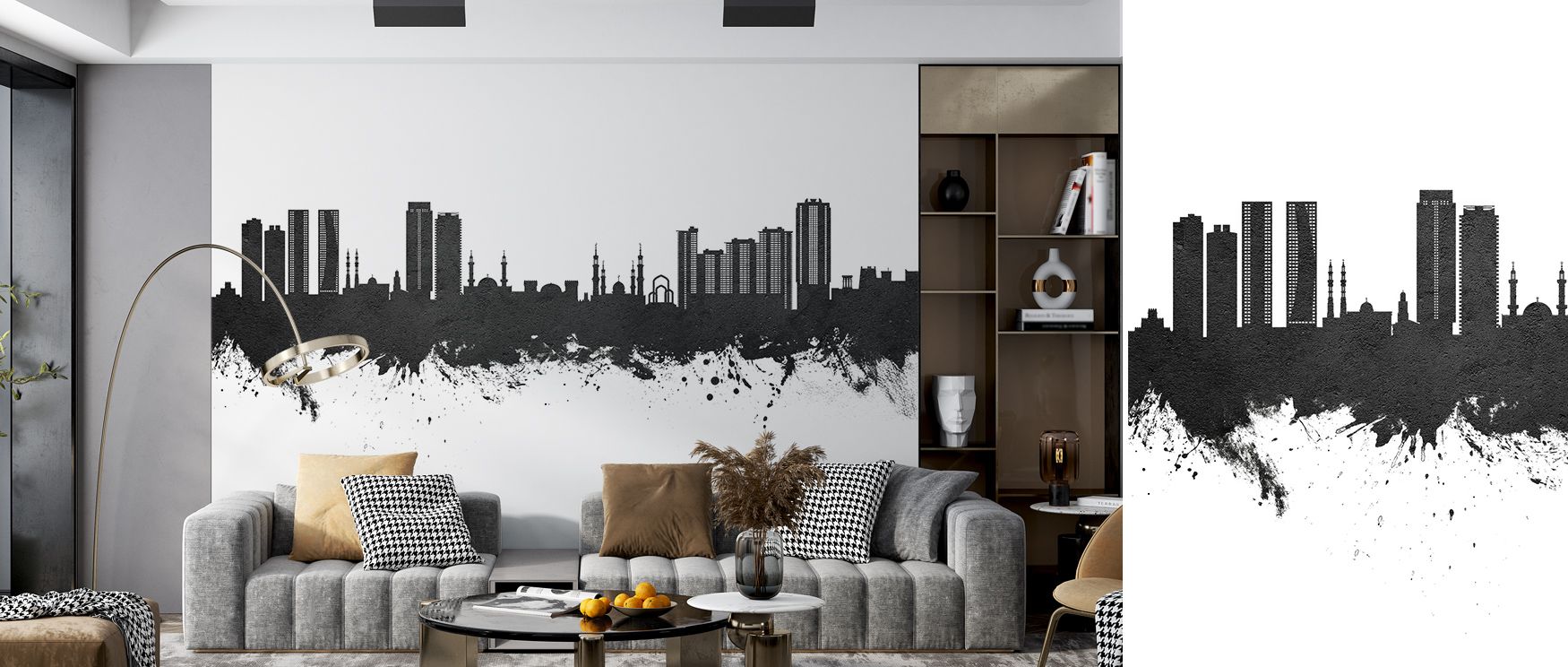 Ajman Skyline Black & White Wallpaper expresses urban sophistication through rhythmic silhouettes, enriching bedrooms or offices with atmosphere of decorative refinement, cultural artistry, and timeless elegance, offering interiors stylish charm. 