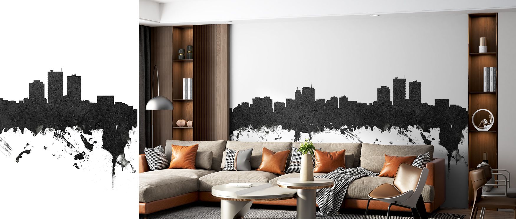 Anchorage Alaska Skyline Black & White Wallpaper enriches interiors with city imagery in refined tones, producing atmosphere that enhances bedrooms or living rooms with decorative refinement, cultural artistry, and timeless sophistication. 