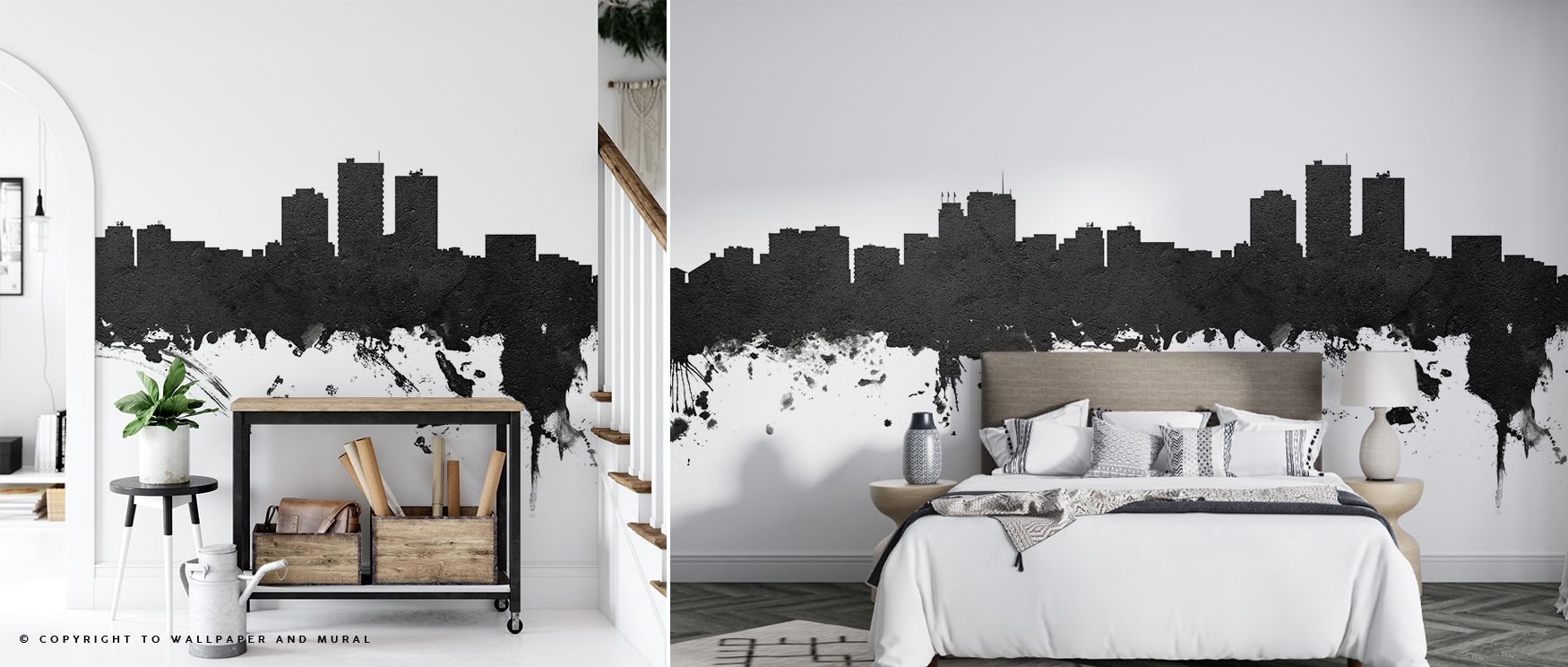 Anchorage Alaska Skyline Black & White Wallpaper conveys architectural strength through rhythmic silhouettes, enriching bedrooms or living rooms with atmosphere of decorative refinement, cultural artistry, and timeless elegance. 