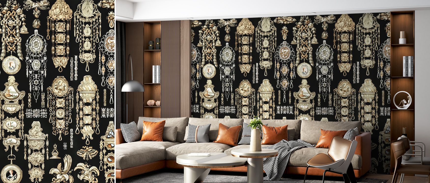 Antique Jewelleries Black Wallpaper enriches interiors with jewelry motifs painted with elegance, producing atmosphere that enhances bedrooms or living rooms with decorative refinement, cultural artistry, and timeless heritage presence. 