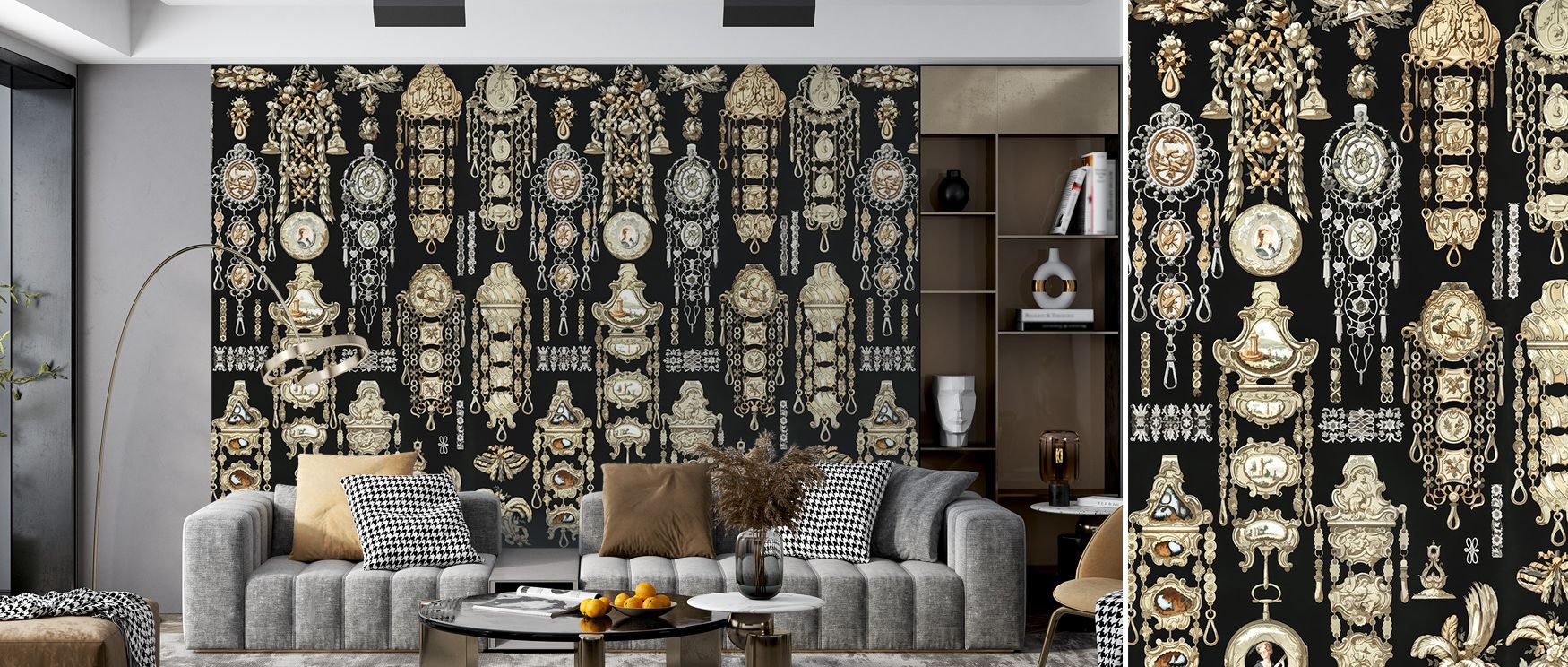 Antique Jewelleries Black Wallpaper reveals strength of detail painted in ornate rhythm, enriching bedrooms or offices with atmosphere of decorative refinement, cultural artistry, and timeless sophistication. 