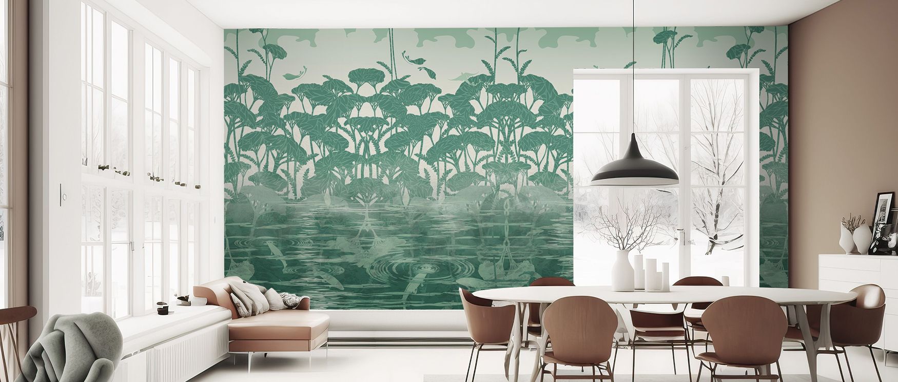 The design enriches interiors with emerald tones, where flowing symbols suggest harmony and balance. Offices or bedrooms carry sense of radiant serenity, enhanced by patterns that create atmosphere of quiet strength within daily spaces. 