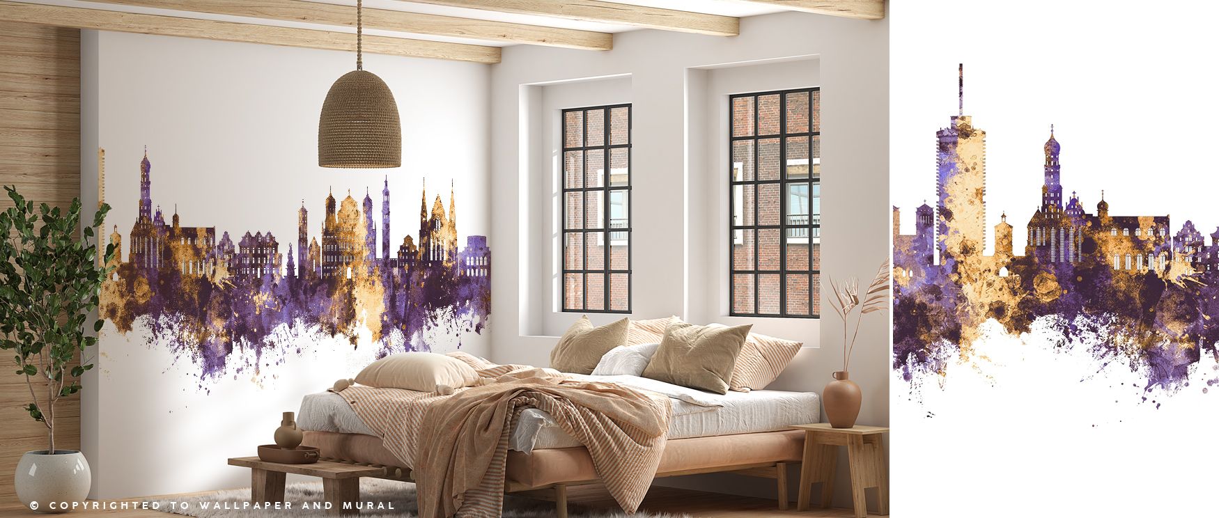 Augsburg Germany Skyline Purple & Gold Wallpaper layers silhouettes in radiant tones, filling interiors with luxury. Living rooms or bedrooms glow with elegance, surrounded by purple and gold imagery that reflects heritage while elevating atmosphere into 