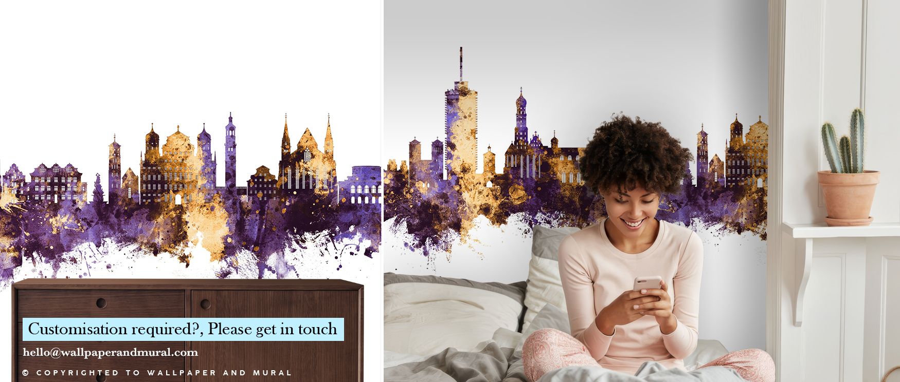 Across its surface, Augsburg Germany Skyline Purple & Gold Wallpaper balances architecture with luminous tones. Offices or bedrooms adopt dignified charm, as bold colors highlight iconic skyline, creating interiors infused with atmosphere of refinement. 