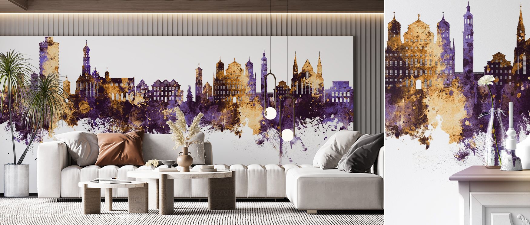Augsburg Germany Skyline Purple & Gold Wallpaper reflects luxury through vibrant imagery, offering offices or bedrooms refined calmness. Its luminous tones soften structural edges, creating balance between boldness and serenity across interiors. 