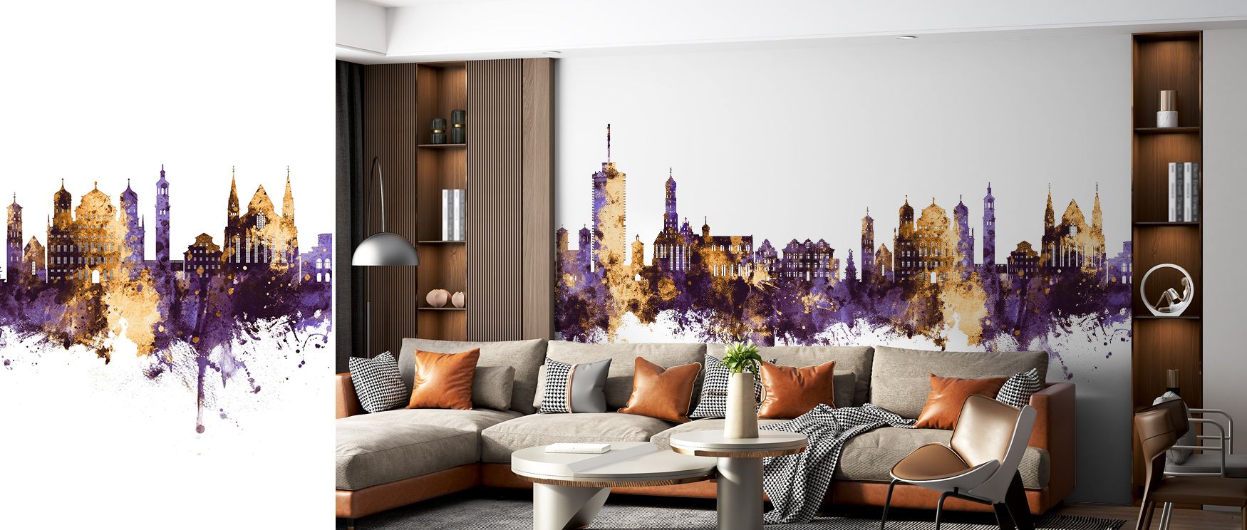 Light animates Augsburg Germany Skyline Purple & Gold Wallpaper, revealing richness in its silhouettes. Bedrooms or living rooms adopt aura of heritage, surrounded by tones that infuse spaces with refined grandeur. 