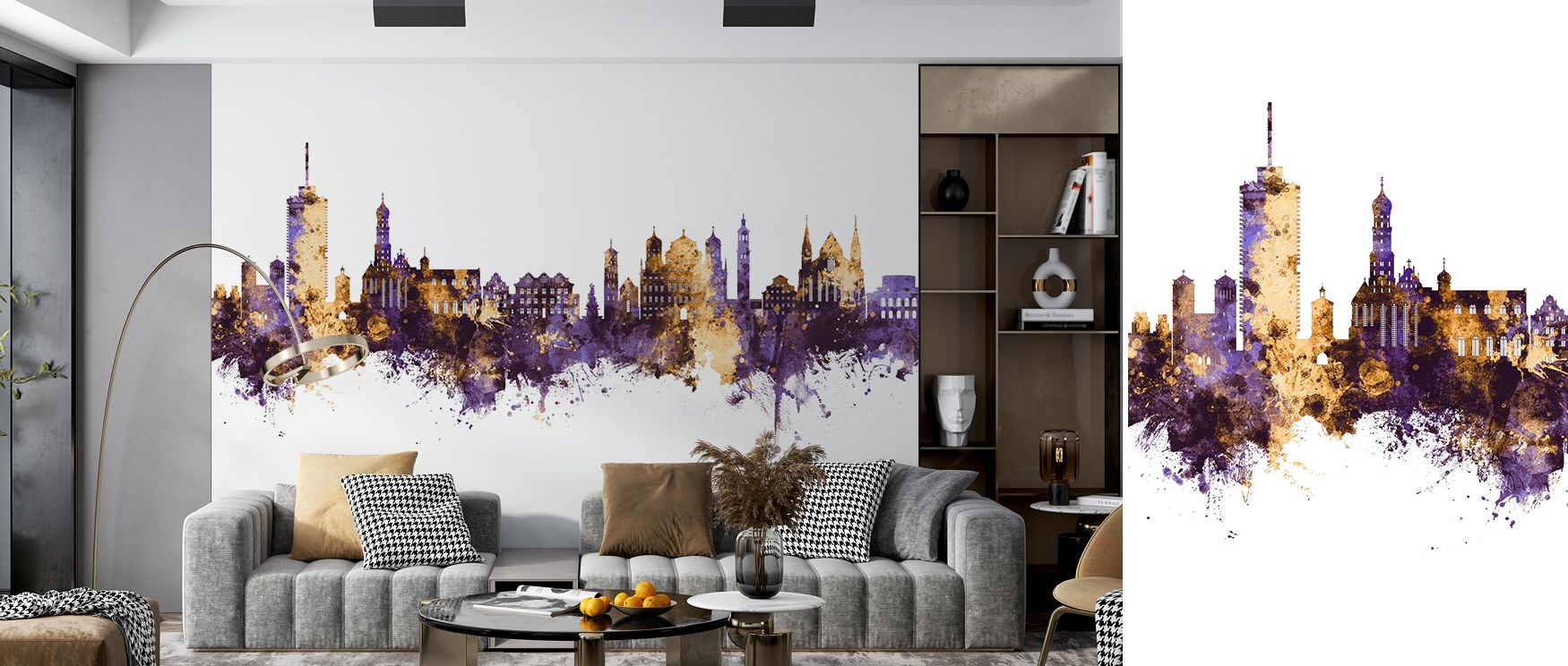 The design carries elegance, as Augsburg Germany Skyline Purple & Gold Wallpaper layers towers across glowing tones. Offices or bedrooms gain cultural refinement, surrounding interiors in patterns that highlight architectural charm. 