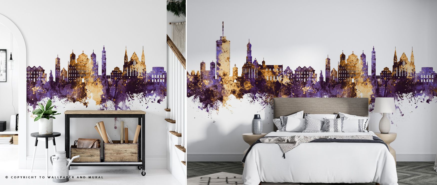 Augsburg Germany Skyline Purple & Gold Wallpaper merges radiant hues with iconic forms, transforming living rooms or bedrooms. Interiors glow with sophistication, touched by skyline design that celebrates heritage in luminous detail. 