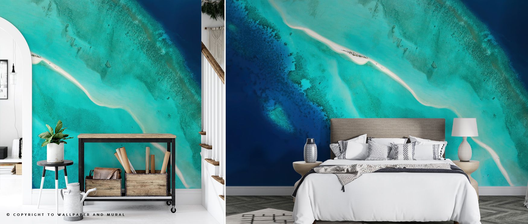 With aqua tones, Baa Atoll Wallpaper layers depth into interiors. Living rooms or bedrooms resonate with tropical balance, surrounded by motifs that enhance serenity while carrying calm energy. 