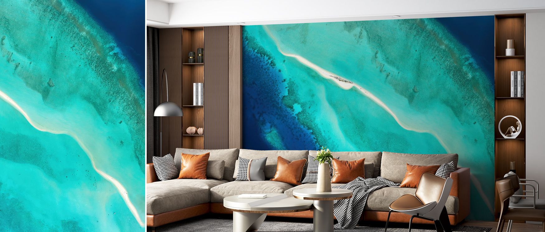 Radiant tones animate Baa Atoll Wallpaper, offering living rooms or bedrooms charm of tropical scenery. Its flowing patterns create atmosphere of relaxation, adding balance into interiors. 