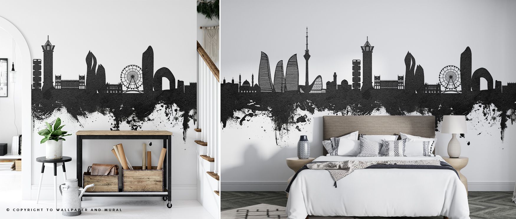 Baku Skyline Black & White Wallpaper portrays the city’s horizon in classic monochrome, where spires, towers, and domes emerge in graceful rhythm across muted tones. Each detail suggests permanence and dignity, offering interiors refined elegance. Living 
