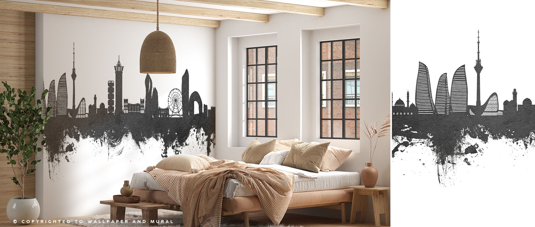The design of Baku Skyline Black & White Wallpaper flows with soft contrasts, where structural silhouettes echo across textured surfaces. Light interacts gently with dark, giving walls both presence and subtle grace. Interiors such as bedrooms or offices 