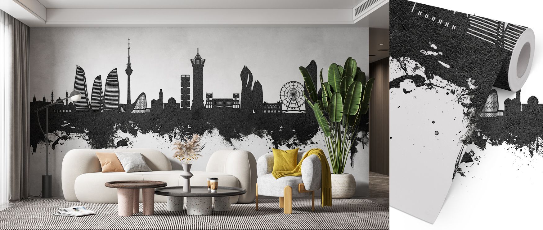 Soft tones define Baku Skyline Black & White Wallpaper, tracing outlines of domes and towers in refined monochrome. The composition highlights architectural presence while softening edges with subtle shading. Living rooms or bedrooms gain calmness, enrich