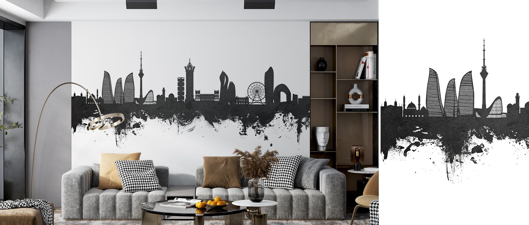 Baku Skyline Black & White Wallpaper highlights cultural memory through architectural detail, where dark silhouettes rest against pale tones. The imagery reflects heritage, offering interiors atmosphere of quiet dignity. Living rooms or bedrooms adopt ref
