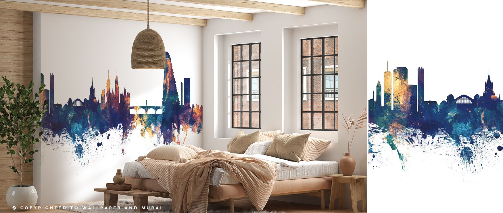 Basel Switzerland Skyline Blue & Bronze Wallpaper layers towers and arches in radiant tones, with deep blue and glowing bronze merging across walls. The design highlights architectural presence while carrying calm balance, making living rooms or bedrooms 