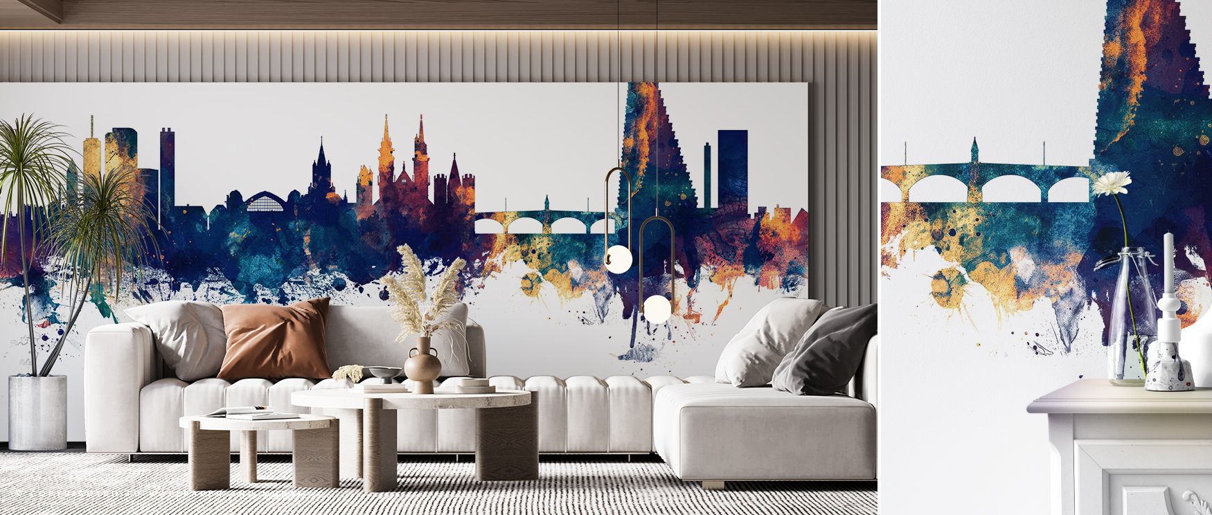 Basel Switzerland Skyline Blue & Bronze Wallpaper enriches interiors by layering heritage in luminous tones. Each structural outline emerges with grace, softened by glowing shades. Offices or bedrooms adopt calm resonance, touched by atmosphere of continu