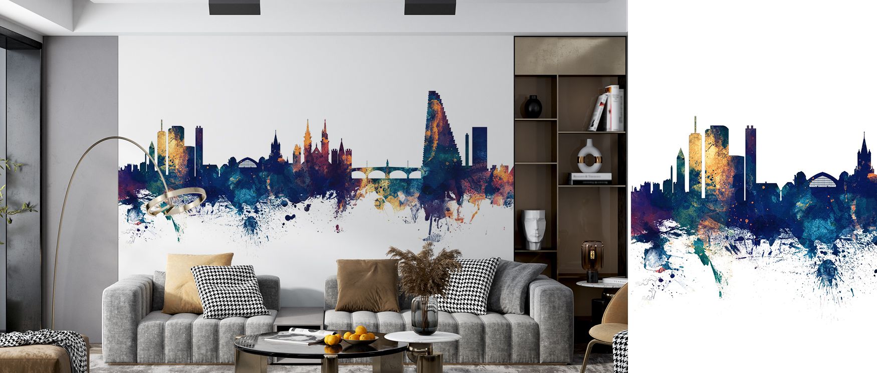 Basel Switzerland Skyline Blue & Bronze Wallpaper flows across interiors with structural grace, where towers and arches form silhouettes in radiant tones. Offices or bedrooms inherit reflective calm, touched by atmosphere of heritage balanced with refinem