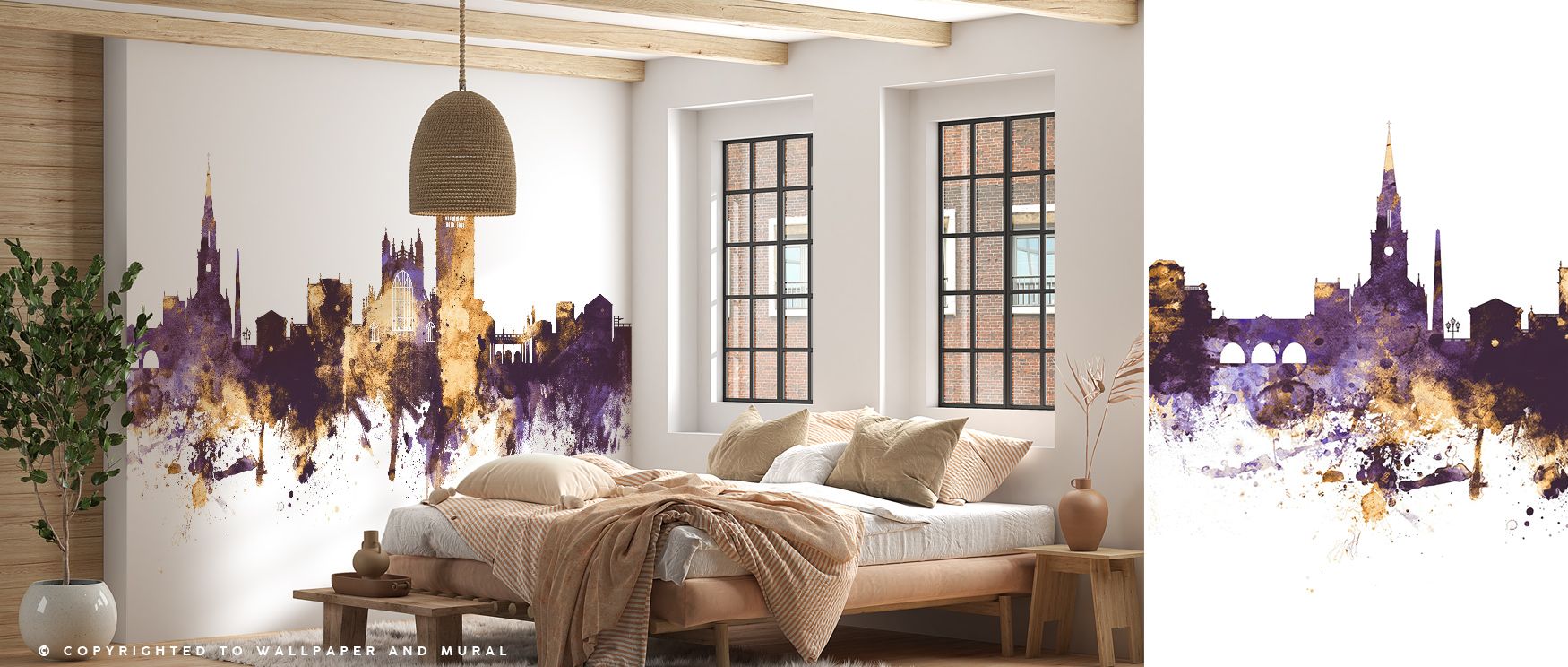 Bath England Skyline Purple & Gold Wallpaper layers the horizon in luminous tones, where purple and gold enrich architectural outlines with elegance. The design surrounds interiors with cultural sophistication, making living rooms or bedrooms glow with ca