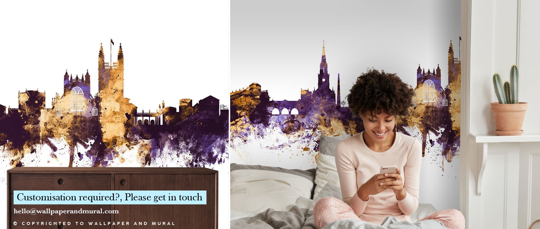 Flowing across surfaces, Bath England Skyline Purple & Gold Wallpaper creates atmosphere of luxury, where towers and domes are highlighted with glowing tones. Offices or bedrooms resonate with reflective calm, enriched by imagery that blends tradition and