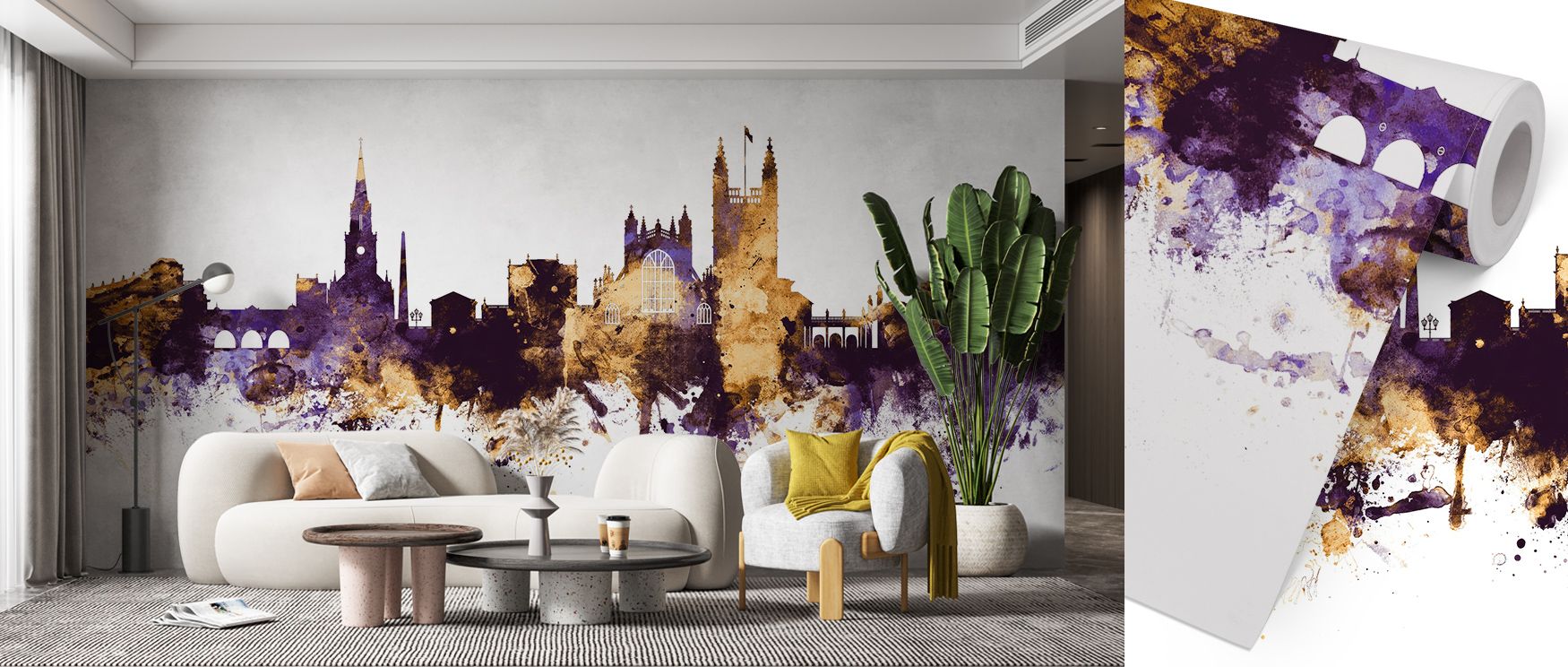 Bath England Skyline Purple & Gold Wallpaper radiates sophistication through harmonious use of color, layering architectural forms with luminous charm. Living rooms or bedrooms inherit timeless resonance, their walls enriched with purple and gold tones th