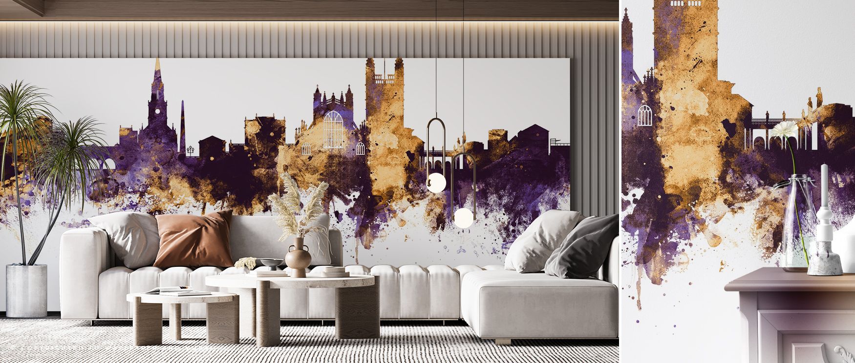 The imagery of Bath England Skyline Purple & Gold Wallpaper portrays silhouettes in refined tones, where light animates architectural detail. Offices or bedrooms adopt aura of sophistication, surrounded by balance of tradition and refinement. Its presence