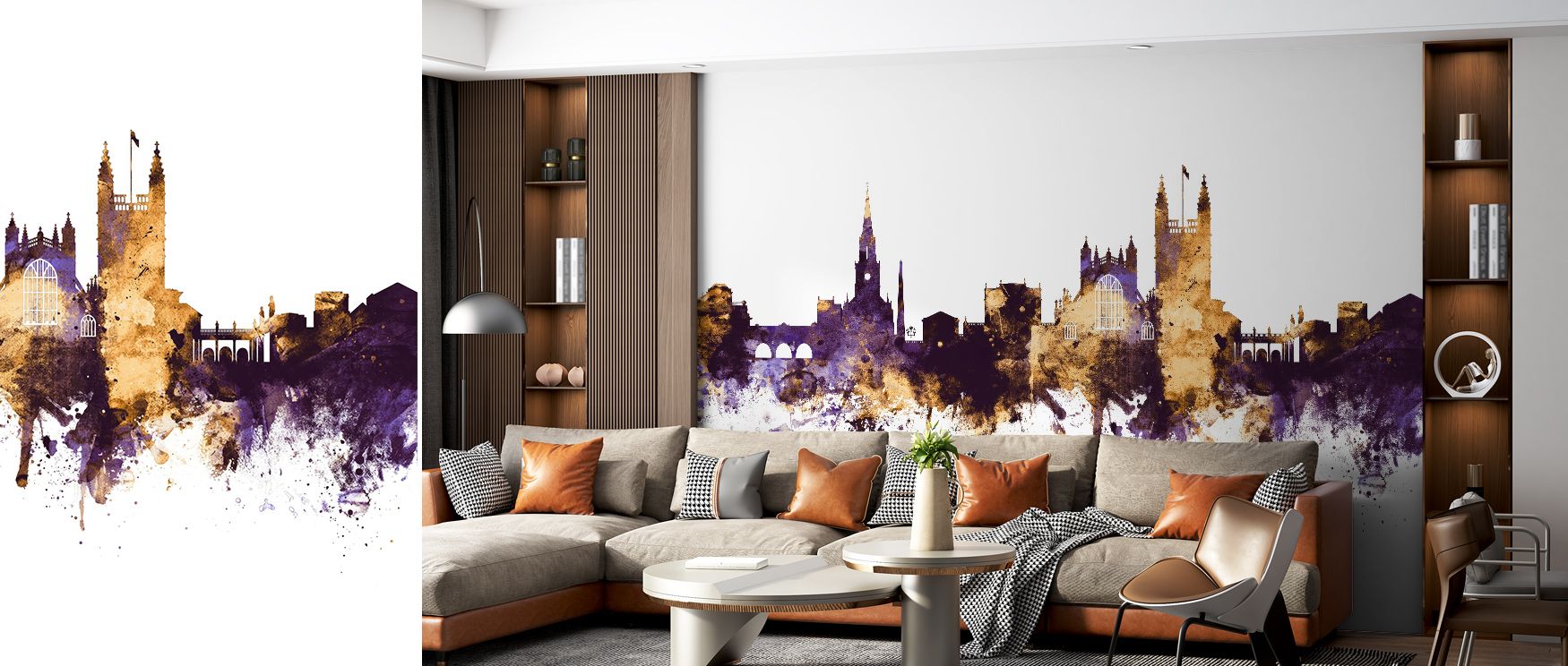 Bath England Skyline Purple & Gold Wallpaper suggests continuity of heritage through glowing rhythm. Its tones of purple and gold soften structural outlines, enriching interiors with charm. Living rooms or bedrooms adopt atmosphere of reflective calm, sur