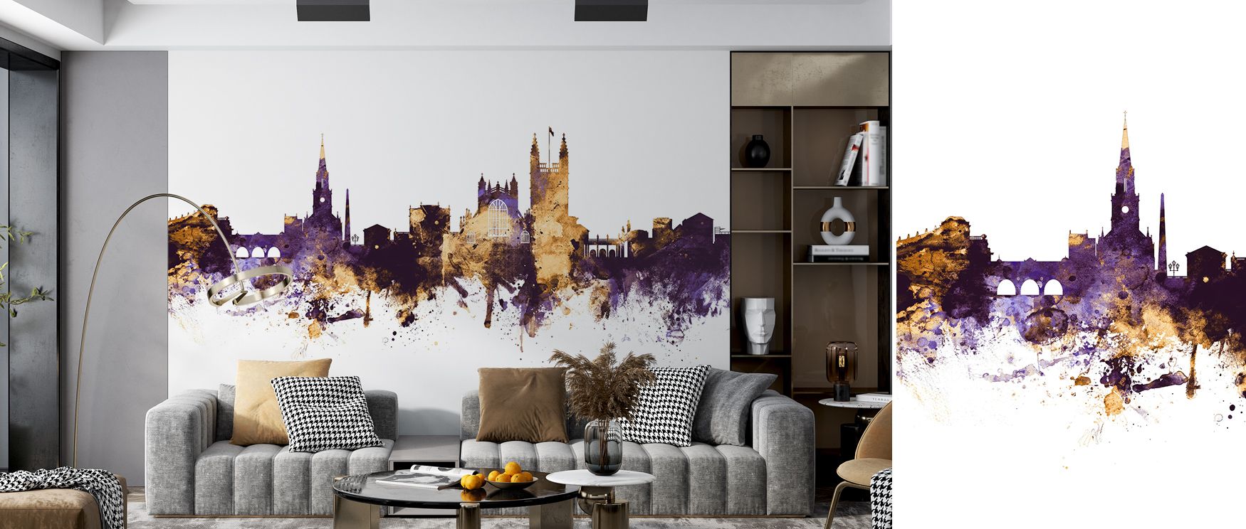 Bath England Skyline Purple & Gold Wallpaper enriches interiors with glowing resonance, where skyline imagery unfolds in balance. Offices or bedrooms gain calm dignity, their spaces touched by luminous tones. The design shapes interiors with heritage, off