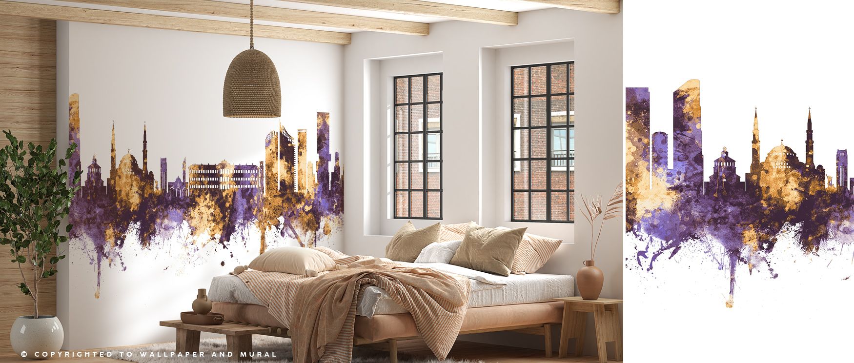 Beirut Lebanon Skyline Purple & Gold Wallpaper layers towers and domes in luminous rhythm, surrounding interiors with atmosphere of elegance. Bedrooms or living rooms inherit reflective calmness, their walls enriched by glowing tones that highlight archit