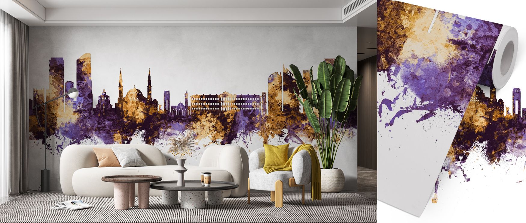 Beirut Lebanon Skyline Purple & Gold Wallpaper portrays architectural silhouettes in purple and gold, surrounding interiors with luminous balance. Living rooms or bedrooms gain calm elegance, enriched by design that reflects cultural resonance while shapi