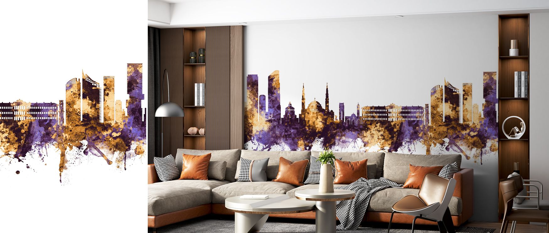Beirut Lebanon Skyline Purple & Gold Wallpaper carries atmosphere of cultural charm, layering heritage across walls. Living rooms or bedrooms resonate with refined resonance, surrounded by imagery that transforms interiors with glowing tones and architect