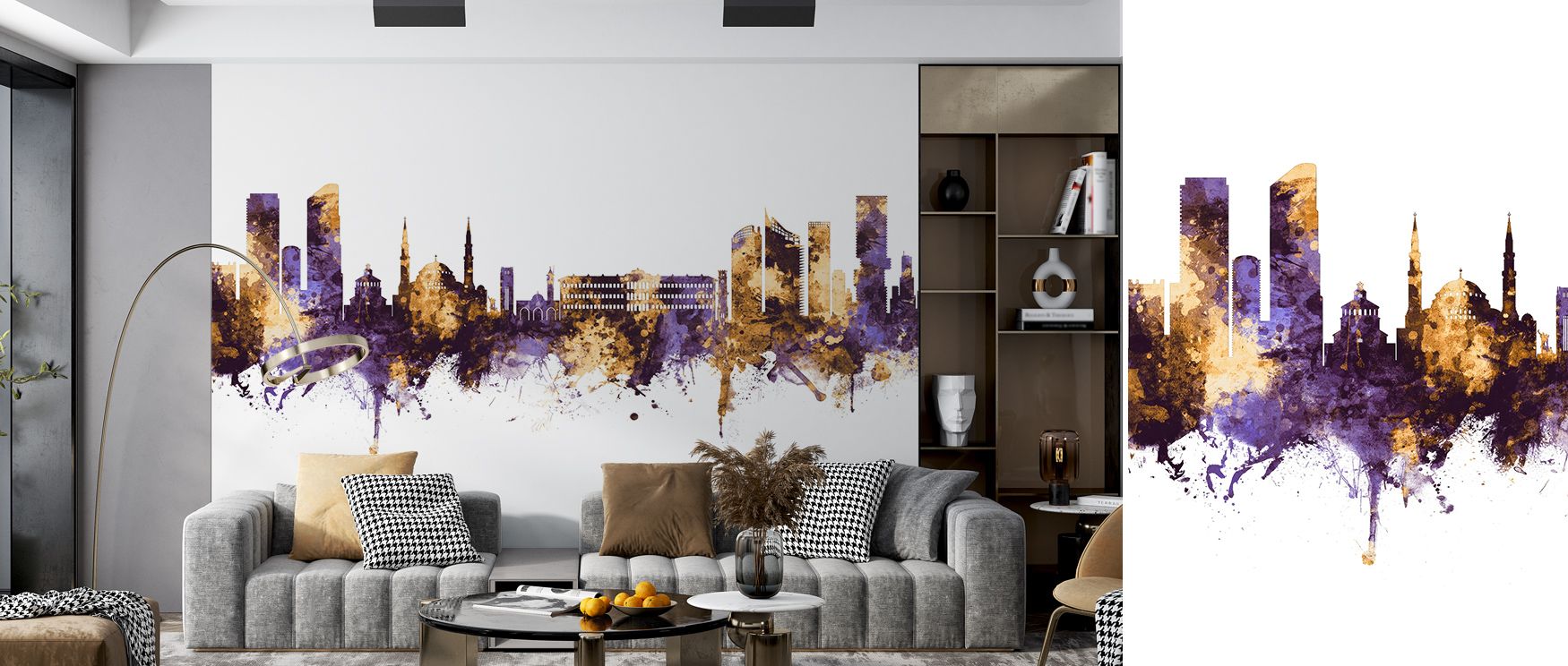 Light enhances Beirut Lebanon Skyline Purple & Gold Wallpaper, giving richness to each silhouette. Offices or bedrooms inherit atmosphere of calm reflection, their walls transformed by tones that blend tradition with modern refinement. Interiors glow with