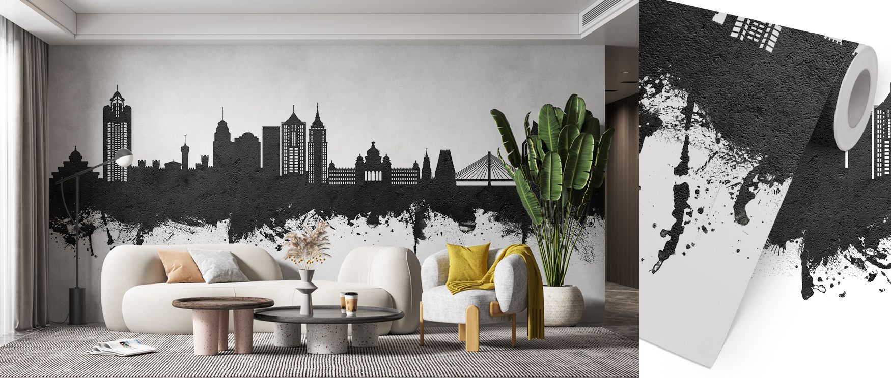 Flowing across walls, Bengaluru India Skyline Black & White Wallpaper creates harmony through architectural silhouettes. Living rooms or bedrooms gain atmosphere of refinement, surrounded by imagery that reflects continuity. Its design enhances interiors 