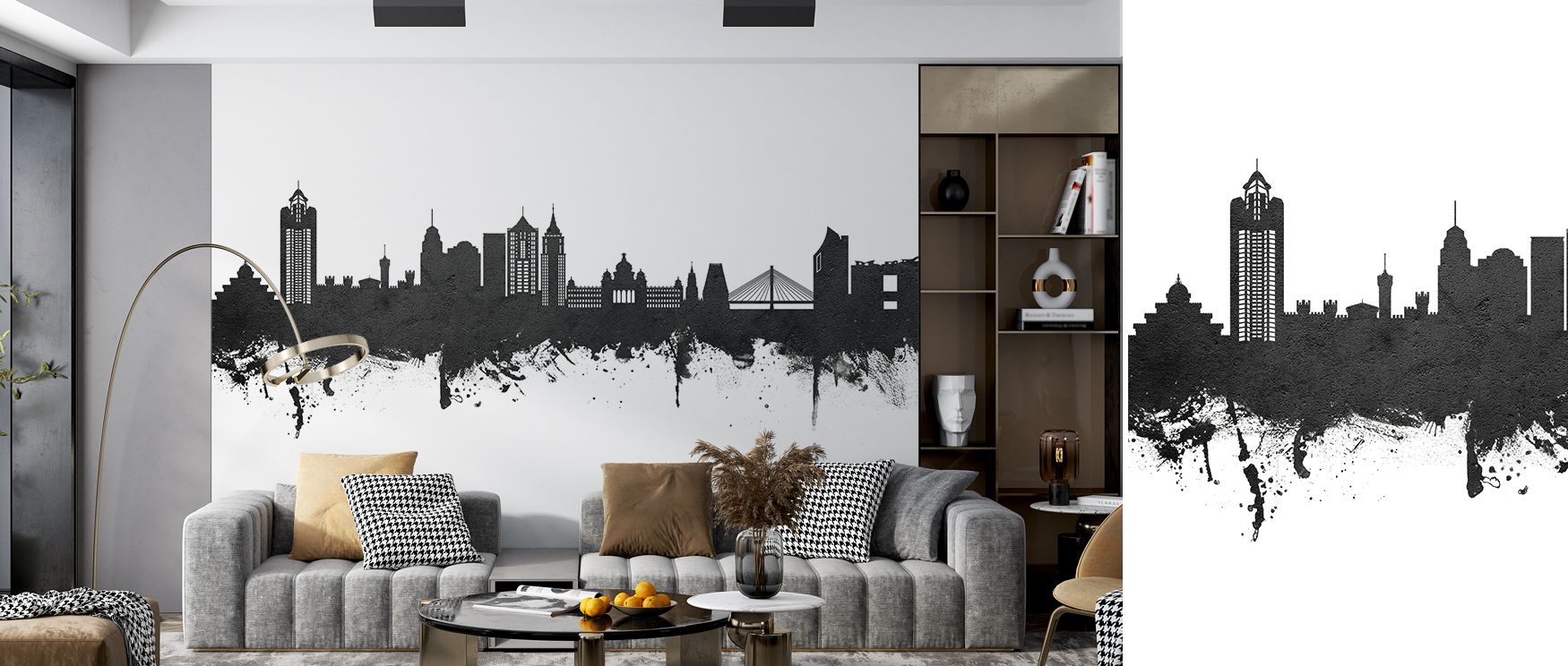 Bengaluru India Skyline Black & White Wallpaper enriches interiors with patterns of heritage, where silhouettes emerge in reflective grace. Offices or bedrooms gain calm charm, their walls surrounded by monochrome imagery. The design shapes interiors into