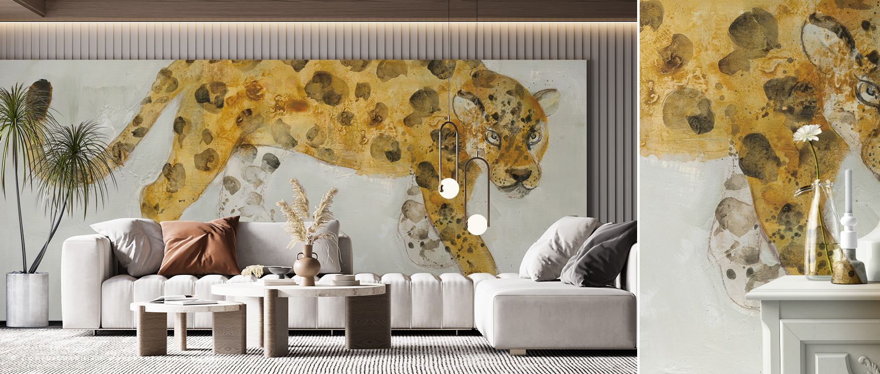 The imagery of Big Cat I Wallpaper celebrates wild beauty, flowing across surfaces in striking rhythm. Offices or bedrooms resonate with atmosphere of charm, their interiors shaped by untamed patterns. The design surrounds interiors with vibrancy, creatin