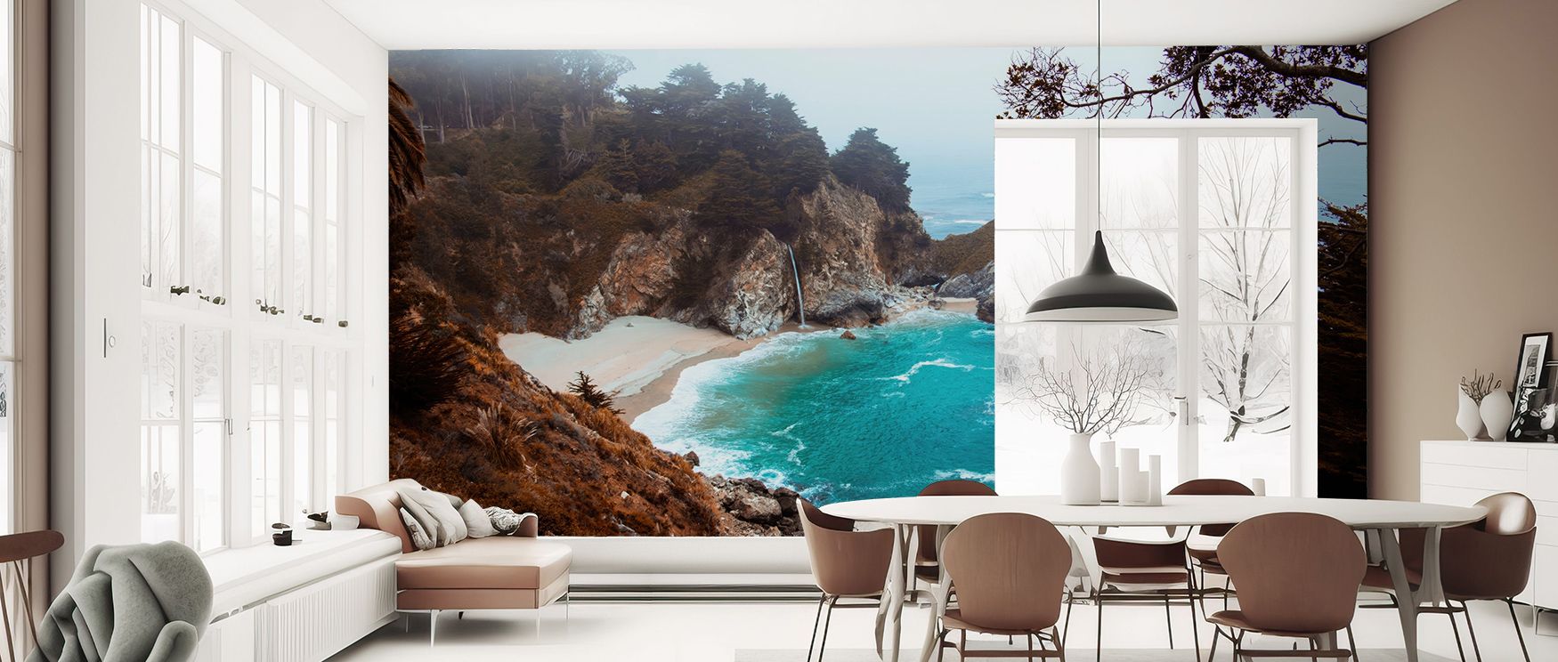 The design of Big Sur Wallpaper layers interiors with imagery of nature’s grandeur, where cliffs rise above ocean. Offices or bedrooms resonate with reflective charm, their walls enriched by calm tones. Interiors adopt atmosphere of coastal tranquility an