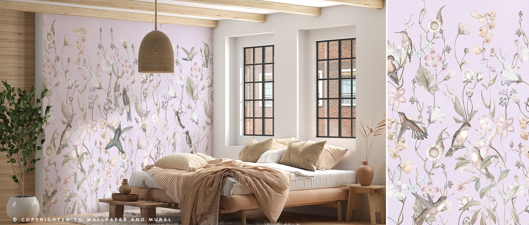 Bird Garden Purple Wallpaper surrounds interiors with blossoms and perched birds arranged in rhythm, where purple tones enrich balance. Living rooms or bedrooms adopt atmosphere of charm, their spaces glowing with elegance drawn from nature. Interiors tra