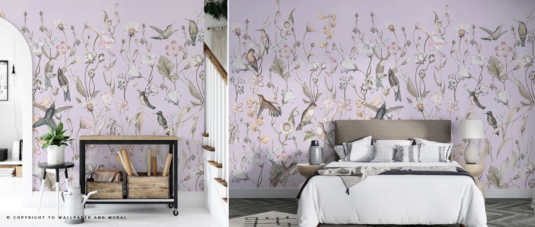 Bird Garden Purple Wallpaper enriches interiors with vibrancy, where blossoms unfold in purple hues. Living rooms or bedrooms gain atmosphere of calm serenity, their walls transformed by imagery that suggests continuity. Interiors adopt reflective balance