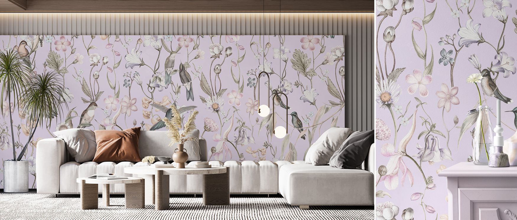 The imagery of Bird Garden Purple Wallpaper flows with botanical rhythm, layering blossoms and birds in purple tones. Offices or bedrooms inherit charm of calmness, their walls enriched by patterns that reflect vibrancy and artistry. Interiors glow with d