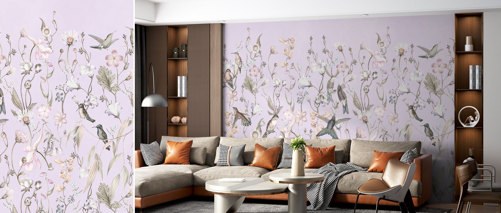 Bird Garden Purple Wallpaper reflects floral charm through blossoms layered with bird motifs, surrounding interiors with elegance. Living rooms or bedrooms resonate with atmosphere of serenity, their walls enriched by imagery that celebrates harmony of na