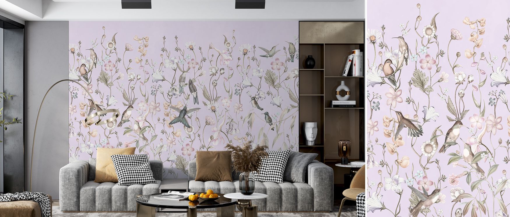 Bird Garden Purple Wallpaper radiates natural harmony, layering blossoms and birds in purple vibrancy. Living rooms or bedrooms adopt reflective serenity, their walls enriched by decorative imagery. Interiors glow with balance, carrying atmosphere of calm