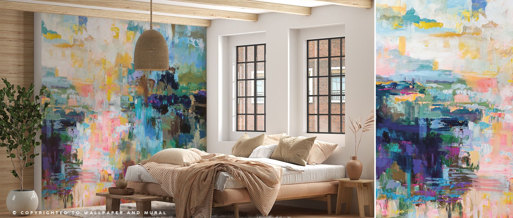 Bits of Life on Canvas Wallpaper enriches interiors with abstract imagery layered in rhythm, surrounding walls with charm. Living rooms or bedrooms adopt atmosphere of creativity, their interiors enriched by forms that suggest vibrancy and balance. Spaces